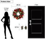 BIG 25" D Pre-lit Christmas Artificial Rose Pine Wreath w Natural Grapevine Base Lotus Seedpod (35 LED Lights, 8 Flash Options) for Xmas Decor at Shop Home Front Door Living Room Wall Window (Battery)