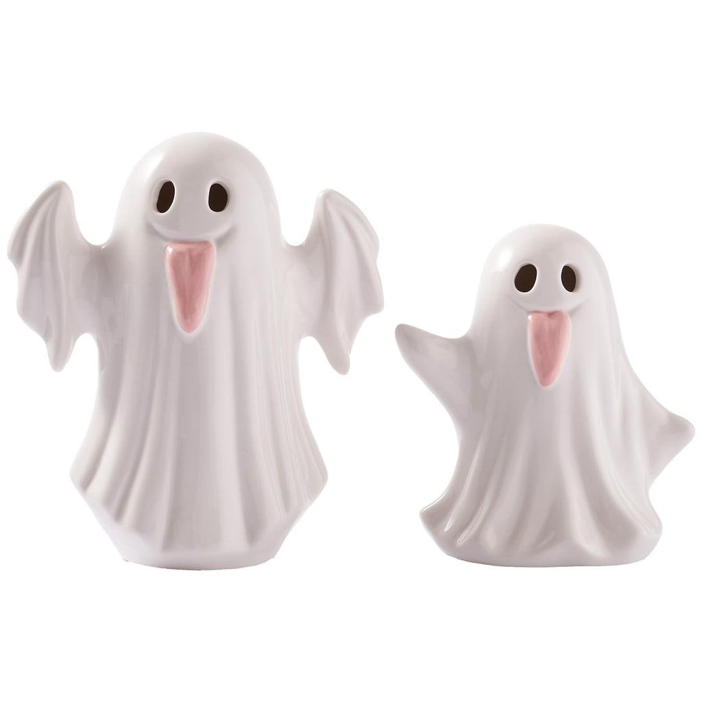 WDS WONDROUS Light Up Halloween Ghost Decorations Set of 2, Cute Ghost Figurines with Witch Hat Halloween Decor, Ceramic Ghosts Light for Indoor Fall Table Decor, Home Tiered Tray Fireplace