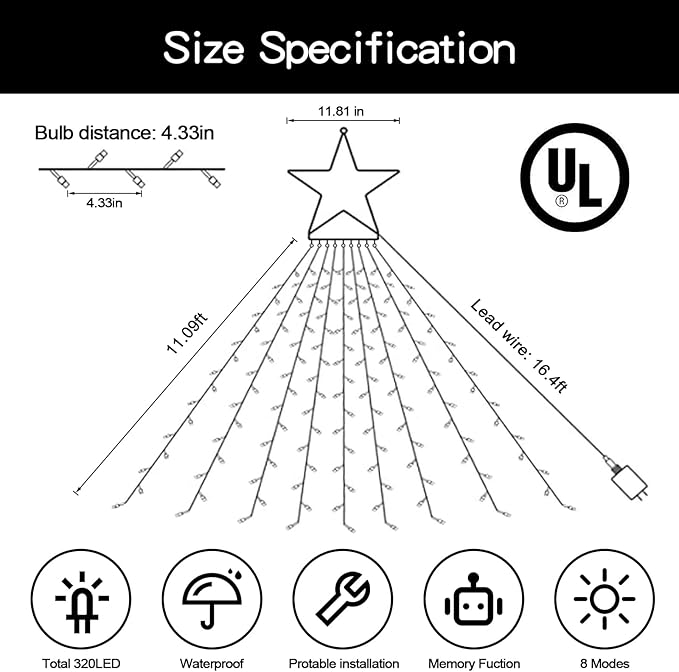 Christmas String Lights Outdoor Decoration 317 LED Star Fairy String Lights 8 Modes & Waterproof for Party Wedding Patio Yard New Year Holiday Indoor Outdoor - Multicolor