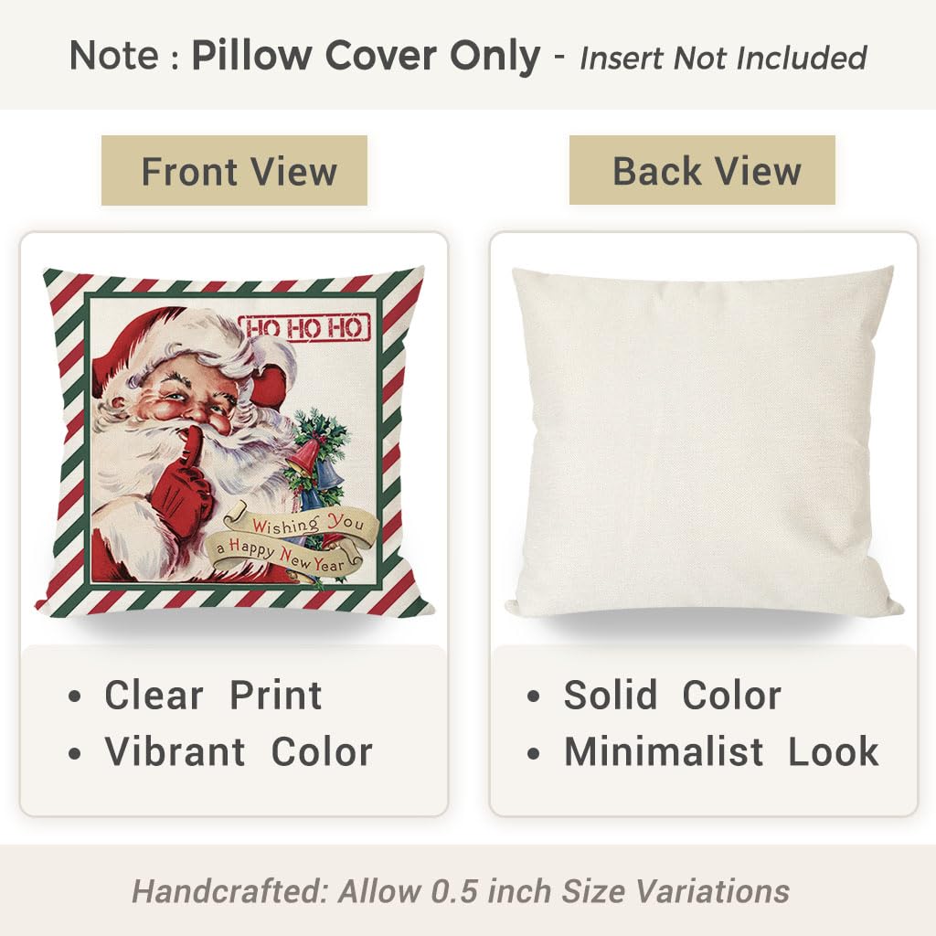PANDICORN Christmas Pillow Covers 18x18 Set of 4, Vintage Christmas Decor, Holiday Red Green Striped Candy Cane Santa Sleigh Rides Reindeer Xmas Tree Cushion Cases Decoration for Home Sofa Couch