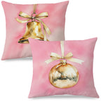 JINYO Coquette Gold Christmas Bauble Bell Pillow Covers 18x18, Coquette Christmas Decor, Pink and Gold Xmas Ornament Holiday Throw Pillow Covers for Home Room Dorm Apartment Sofa Couch Set of 2