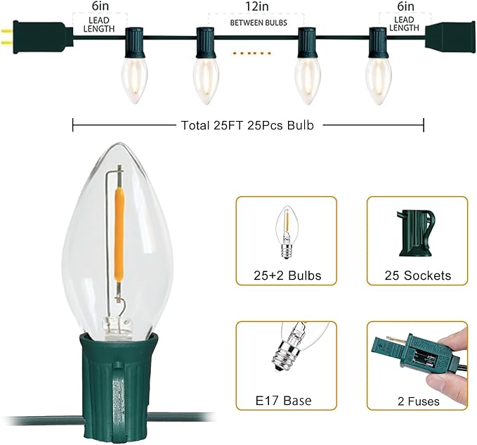 C9 LED Christmas Lights Outdoor 25FT, 25 Energy Efficient Warm White Vintage Bulbs, Connectable, Weatherproof for Roof, Xmas Tree, Porch, Yard, Patio, Holiday Decor - Green Wire