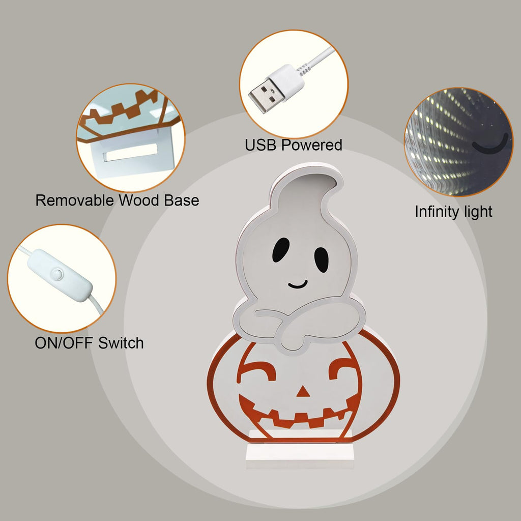 DUOMY DÉCOR LED Halloween Pumpkin Light, Cute Neon Pumpkin and Ghost Sign Decor,11.57 Inch Halloween 3D Infinity Lights with USB Powered for Table, Room, Party Decoration