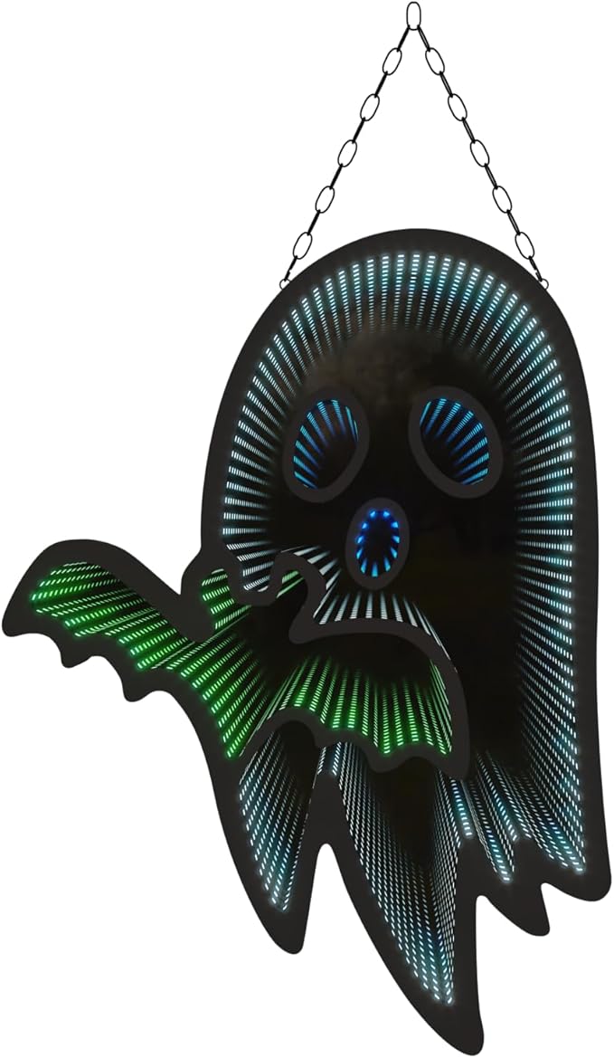 Halloween Ghost Night Lights, 3D Infinite Mirror Ghost Light with Bat, 12.2" x 16.54" LED Lighted Halloween Indoor Decoration for Kids Party Windows Doors Walls, Battery/USB & Plug-in Lights Sign