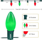 25Ft C9 LED Christmas Lights Outdoor Indoor, Multicolor Red Green White Vintage String Lights, Connectable Holiday Decor for Xmas Tree Wedding Party Patio Porch Yard