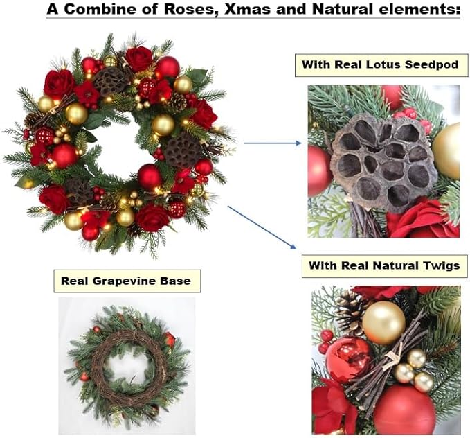 BIG 25" D Pre-lit Christmas Artificial Rose Pine Wreath w Natural Grapevine Base Lotus Seedpod (35 LED Lights, 8 Flash Options) for Xmas Decor at Shop Home Front Door Living Room Wall Window (Battery)