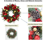 BIG 25" D Pre-lit Christmas Artificial Rose Pine Wreath w Natural Grapevine Base Lotus Seedpod (35 LED Lights, 8 Flash Options) for Xmas Decor at Shop Home Front Door Living Room Wall Window (Battery)