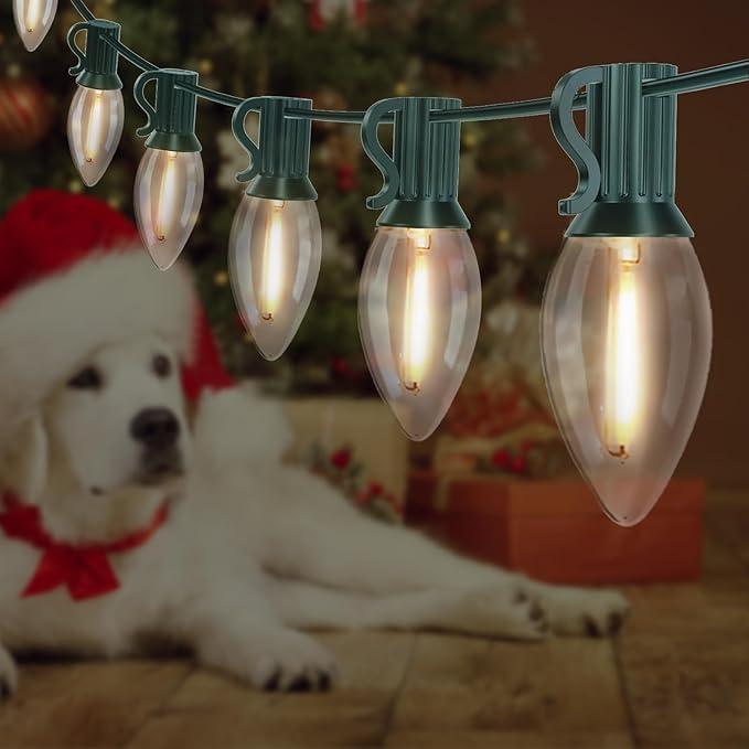 C9 LED Christmas Lights Outdoor 25FT, 25 Energy Efficient Warm White Vintage Bulbs, Connectable, Weatherproof for Roof, Xmas Tree, Porch, Yard, Patio, Holiday Decor - Green Wire