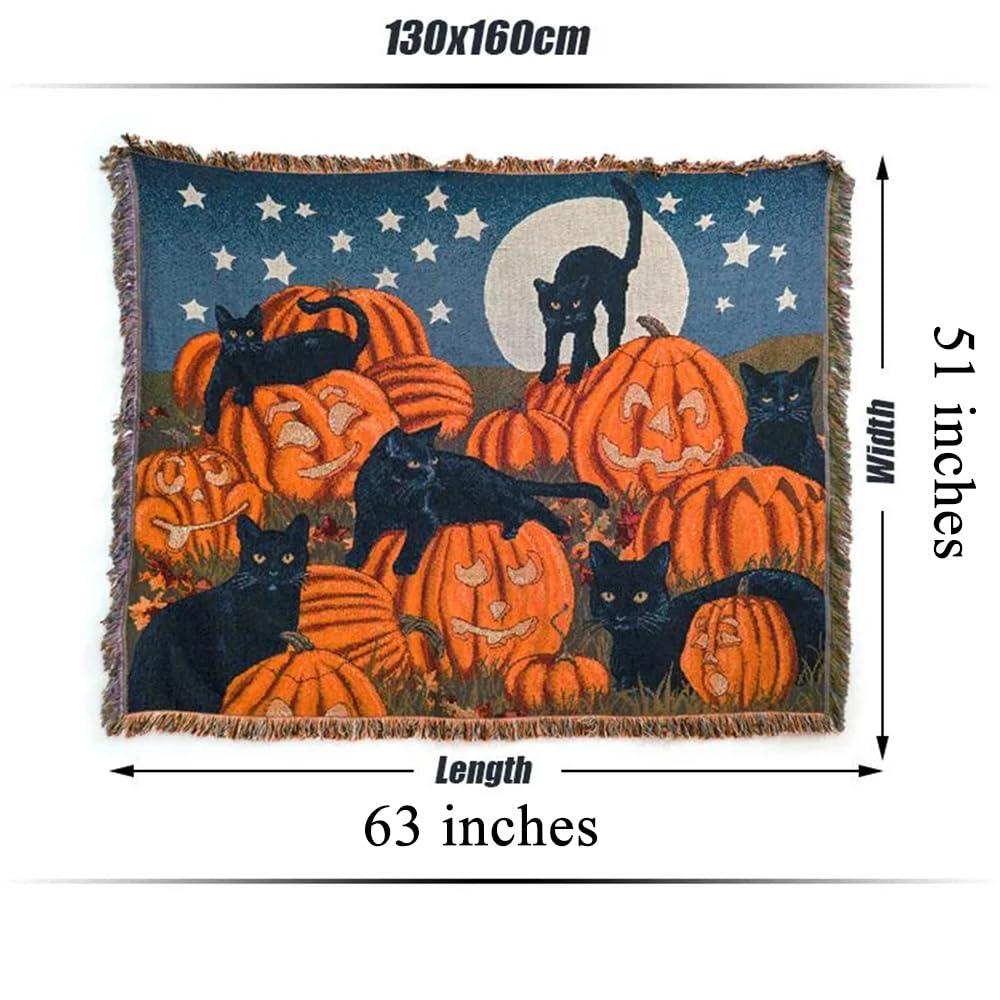 Vintage Halloween Sofa Cover Towel, Black Cat Throw Blanket,Christmas Throw Blanket,Sofa Protective Cover, Black Cat Pumpkin, Suitable for Bedroom and Living Room, Home Xmas Decor