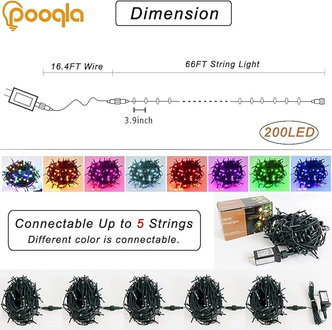 Pooqla Colorful Christmas Lights, 200 LED 66 ft Holiday String Lights for Indoor Outdoor Decoration, 8 Modes Fairy Lights for Home Yard Patio Wedding Party, Red Green Yellow Blue