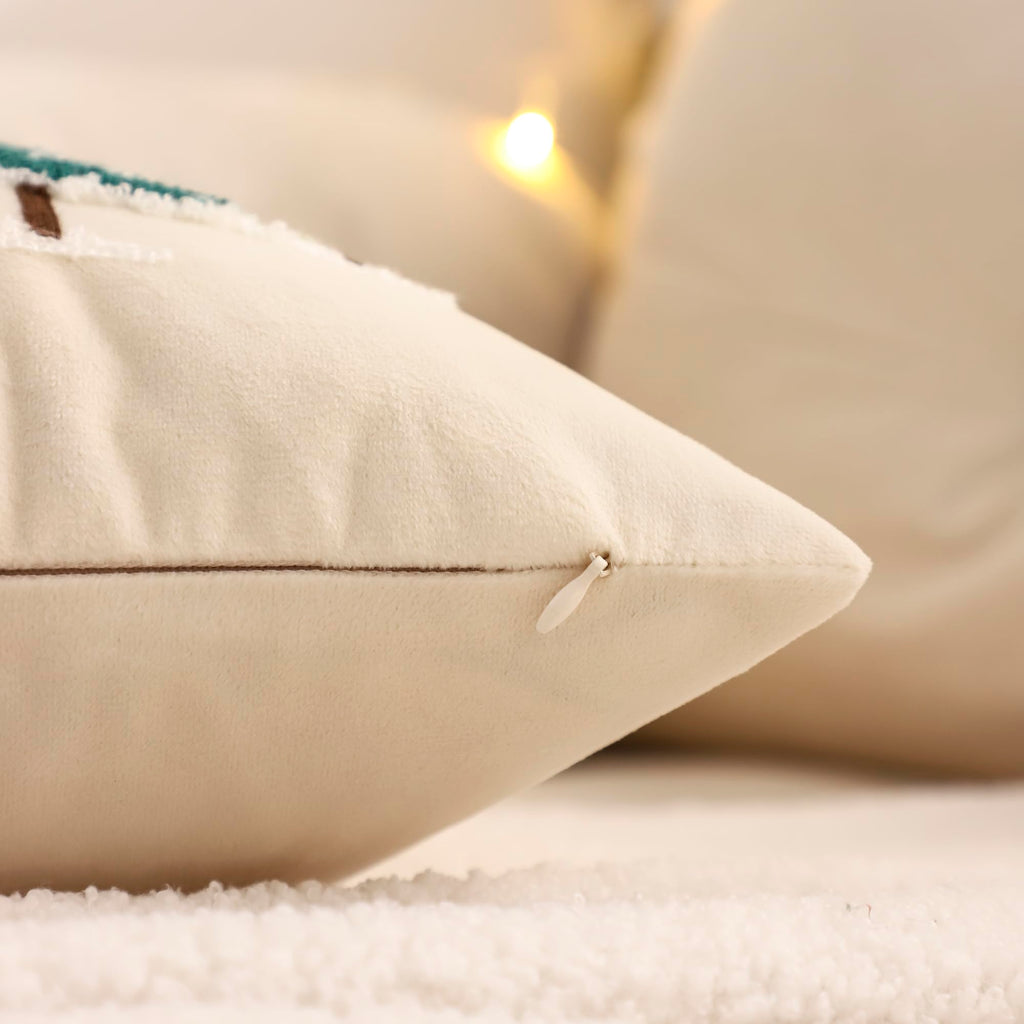 LUOYEHK Christmas Pillow Covers 18x18 Set of 2 House and Deer Decorative Beige Pillow Cases Winter Holiday Velvet Embroidered Cushion Covers for Couch Sofa Bed