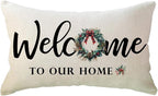 Christmas Welcome Throw Pillow Covers 12 x 20 Inch Farmhouse Seasonal Holiday Decorative Lumbar Pillowcases with Xmas Wreath Design Cushion Covers for Front Porch Decor (Red/Green)