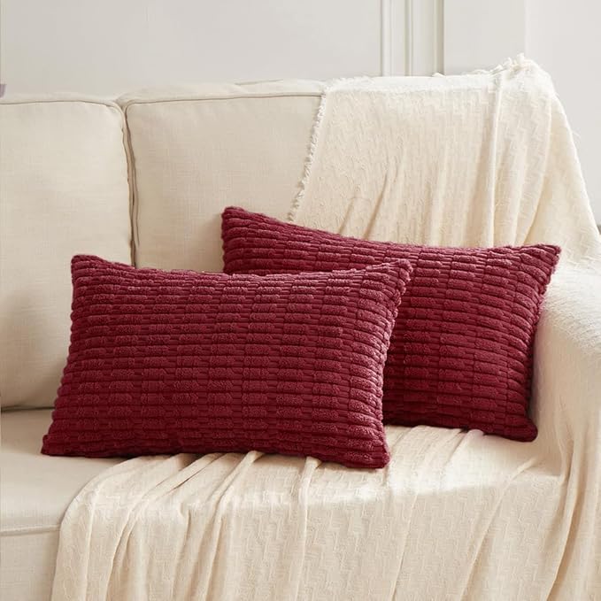 Fancy Homi Wine Red Christmas Lumbar Decorative Throw Pillow Covers 12x24 Inch for Living Room Couch Bedroom, Farmhouse Boho Home Decor, Soft Corduroy Burgundy Rectangle Cushion Case 30x60 cm