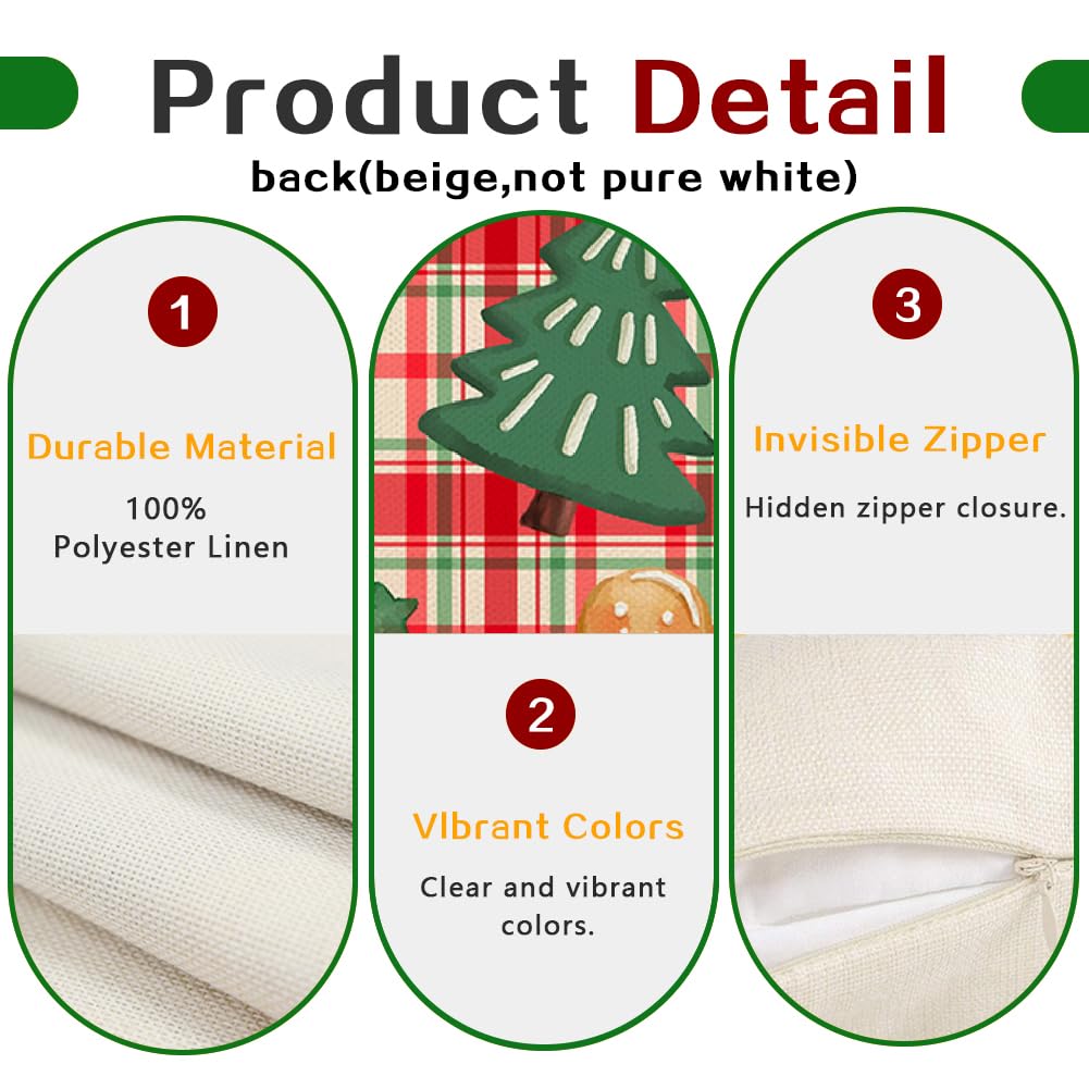 RABUSOFA Christmas Pillow Covers 20x20 Set of 2,Xmas Gingerbread Buffalo Plaid Cushion Case Farmhouse Decoration for Holiday Home Sofa Couch(Multicolor, 20" x 20" (Pack of 2))
