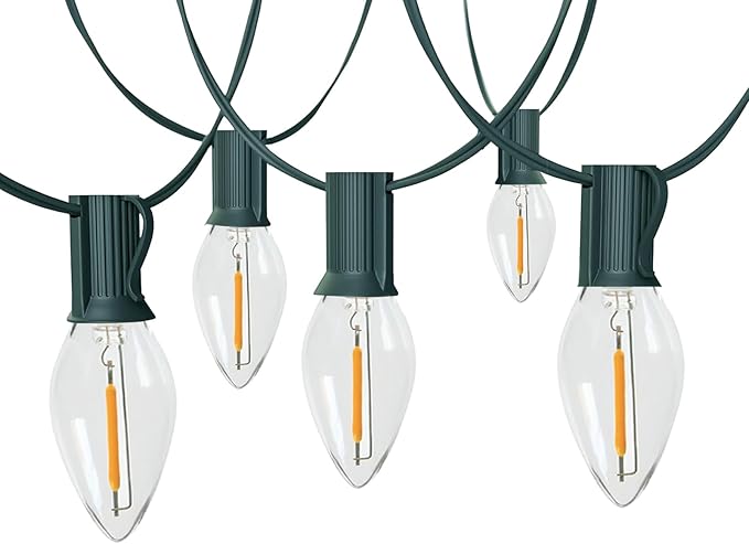 C9 LED Christmas Lights Outdoor 25FT, 25 Energy Efficient Warm White Vintage Bulbs, Connectable, Weatherproof for Roof, Xmas Tree, Porch, Yard, Patio, Holiday Decor - Green Wire