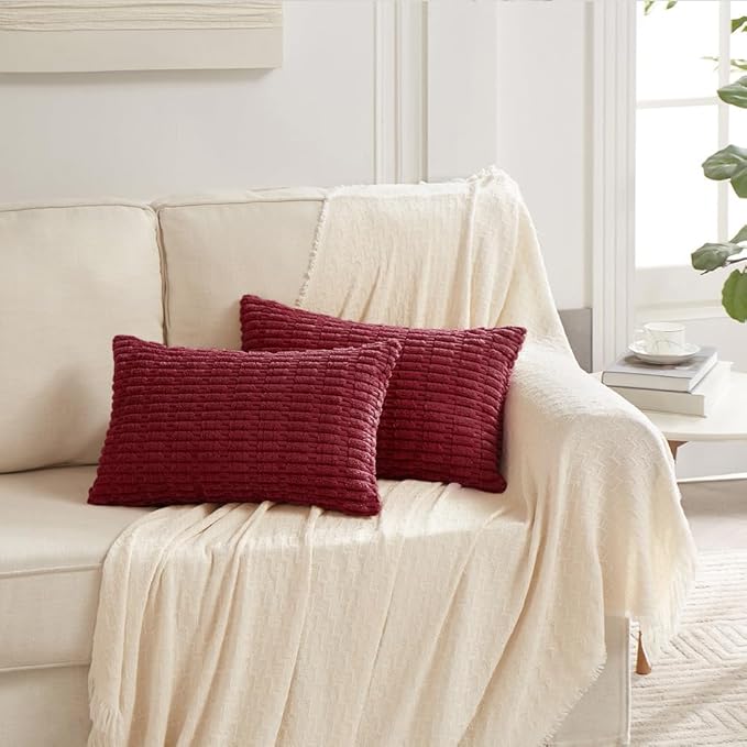 Fancy Homi Christmas Wine Red Decorative Throw Pillow Covers 14x24 Inch for Living Room Couch Bed Sofa, Modern Farmhouse Boho Home Decor, Soft Corduroy Burgundy Square Cushion Case 35x60 cm