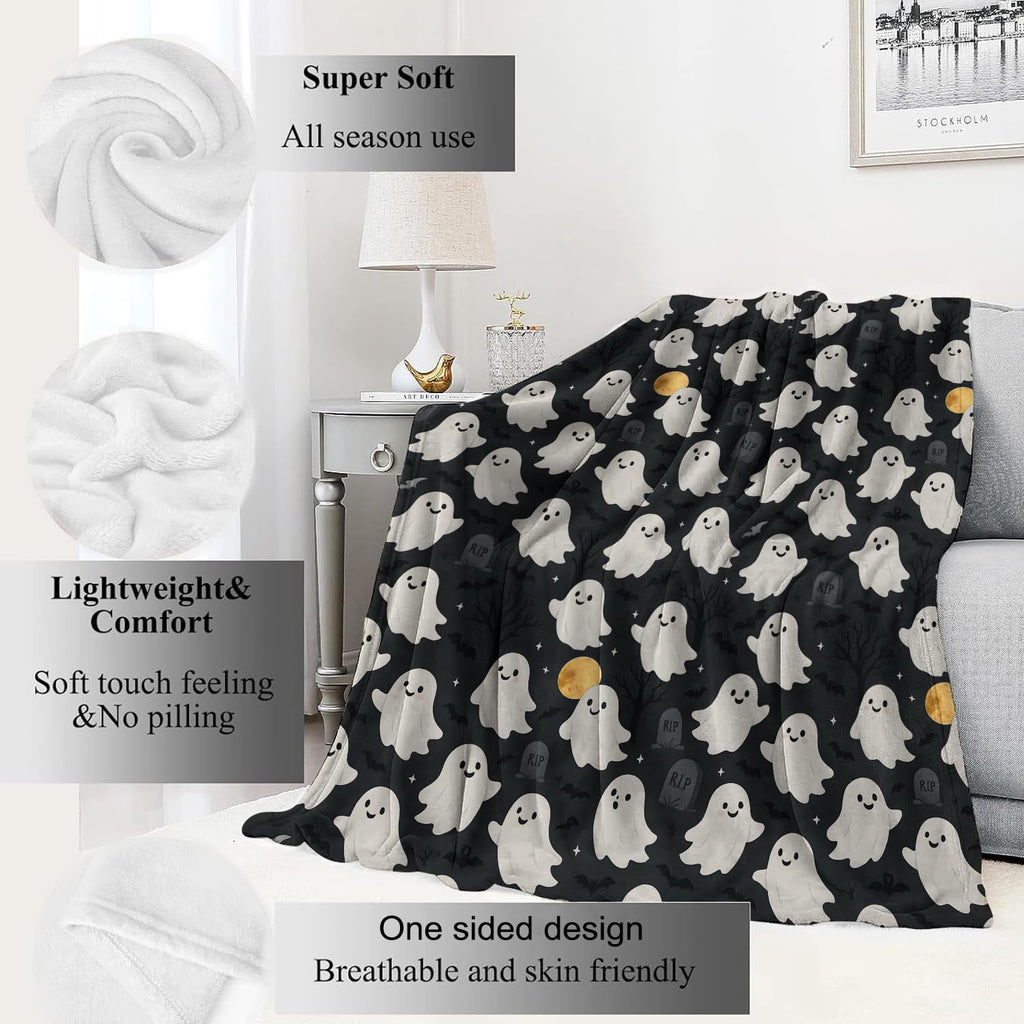 VODRM Cute Ghost Blanket Halloween Fall Holiday Decor Gothic White Spirit Witch Throw Gifts for Kids Lightweight Soft Fleece Moon Bat Witchy Blankets for Horror Spooky Goth Decoration 50x60in