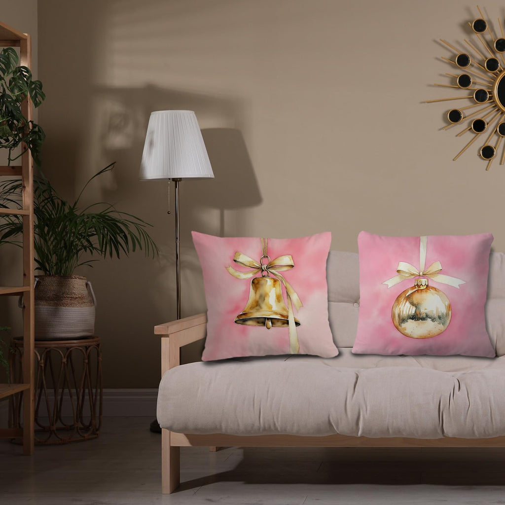JINYO Coquette Gold Christmas Bauble Bell Pillow Covers 18x18, Coquette Christmas Decor, Pink and Gold Xmas Ornament Holiday Throw Pillow Covers for Home Room Dorm Apartment Sofa Couch Set of 2