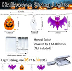 Halloween Fairy Lights,Waterproof Pumpkin Bat Ghost Battery Powered Lights, 16ft 30LEDs with Remote Control, String Light for Windows, Indoor Outdoor Decorations, Halloween Party Decorations