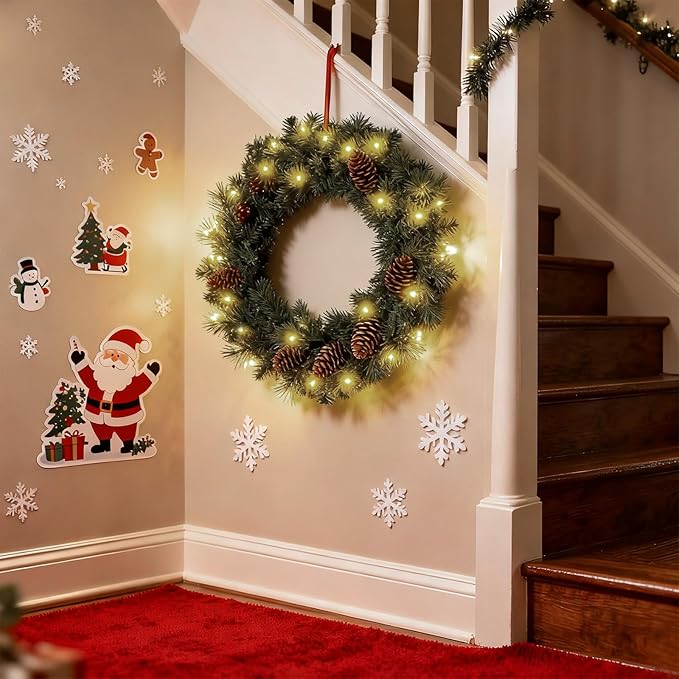 FR Artificial Pre-Lit Fir Christmas Wreath Holiday Accent Decoration, Wintry Pine, Decorated with Pine Cones, with LED Lights Battery Operated for Door, Mantel - 20 Inch