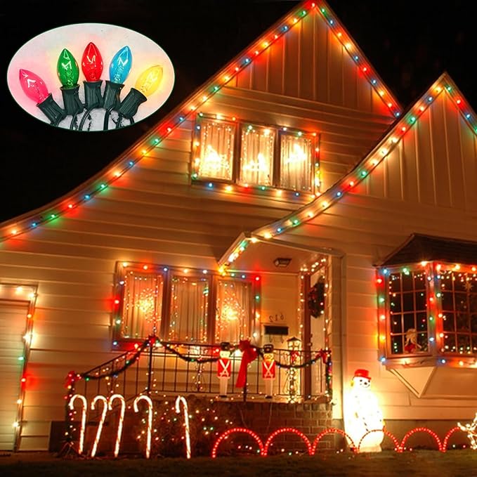 50Ft Multicolor C7 Vintage Christmas Lights String Colored Christmas Tree Lights with 50 + 5 Pack E12 Color Bulbs, for Light up Christmas Tree Home Stair Yard Indoor Outdoor Christmas Decorations, 5W