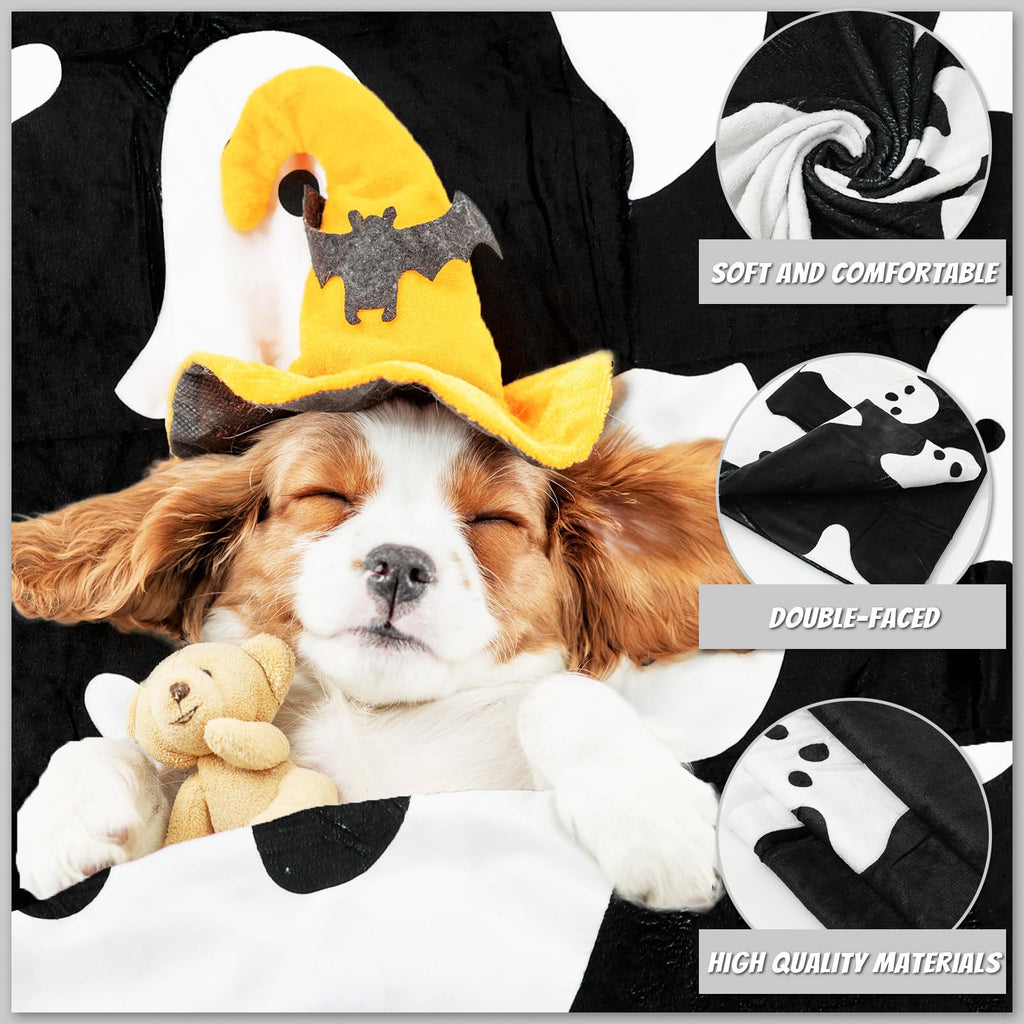 JarThenaAMCS Halloween Ghost Fuzzy Blanket Black White Cute Ghost Boo Throw Blanket Double-Sided Soft Cozy Flannel Blankets for Party Home Bed Sofa Couch, 50 x 60 Inch