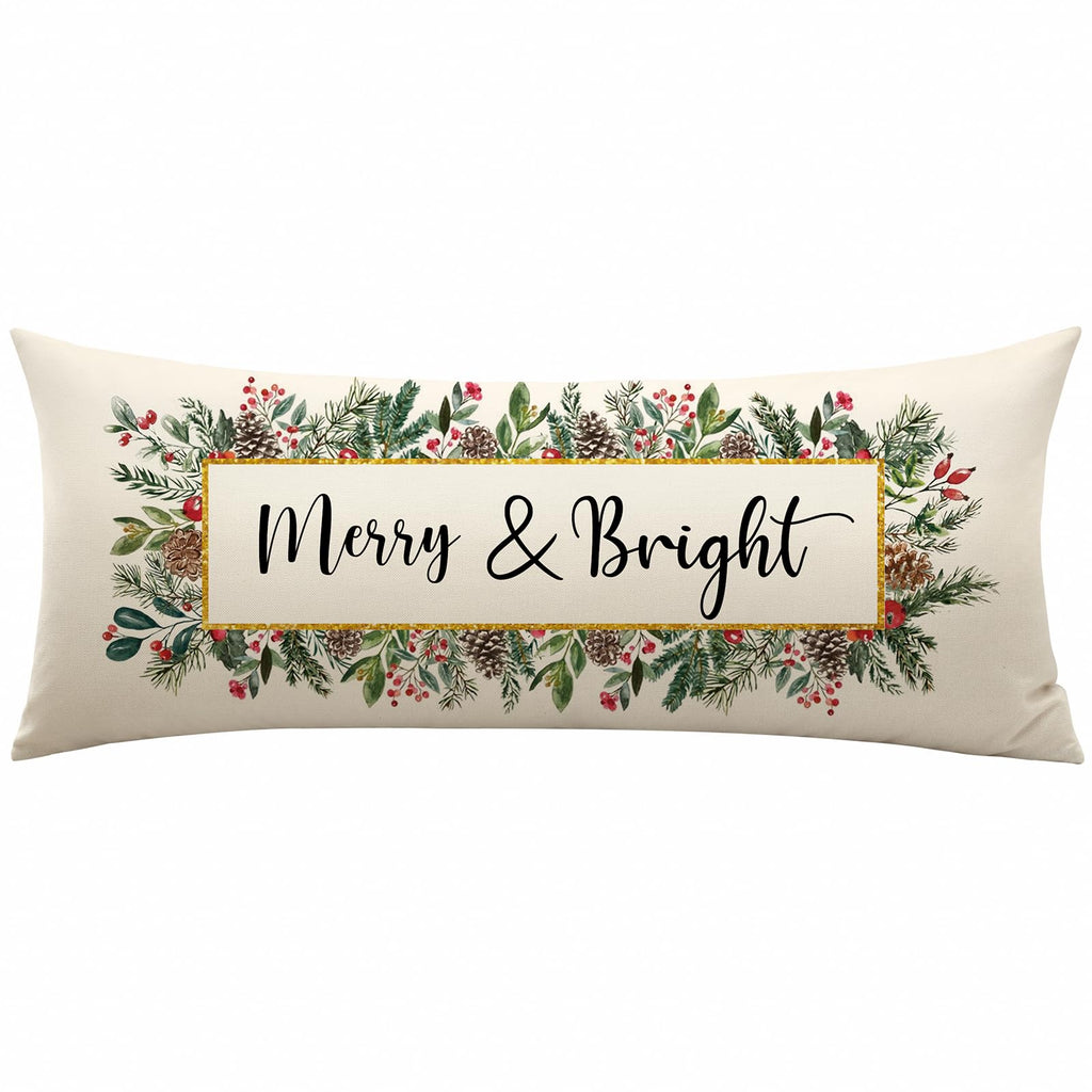 OTOSTAR Merry Bright Christmas Decor Pillow Cover 14x36 Inch Extra Long Lumbar Decorative Throw Pillow Case Eucalyptus Mistletoe Winter Holiday Cushion Cover for Couch Bed Sofa Decor (Merry & Bright)