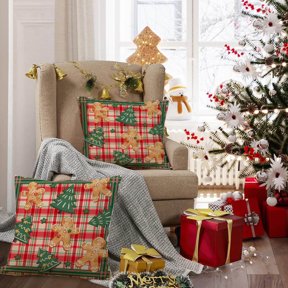 RABUSOFA Christmas Pillow Covers 20x20 Set of 2,Xmas Gingerbread Buffalo Plaid Cushion Case Farmhouse Decoration for Holiday Home Sofa Couch(Multicolor, 20" x 20" (Pack of 2))