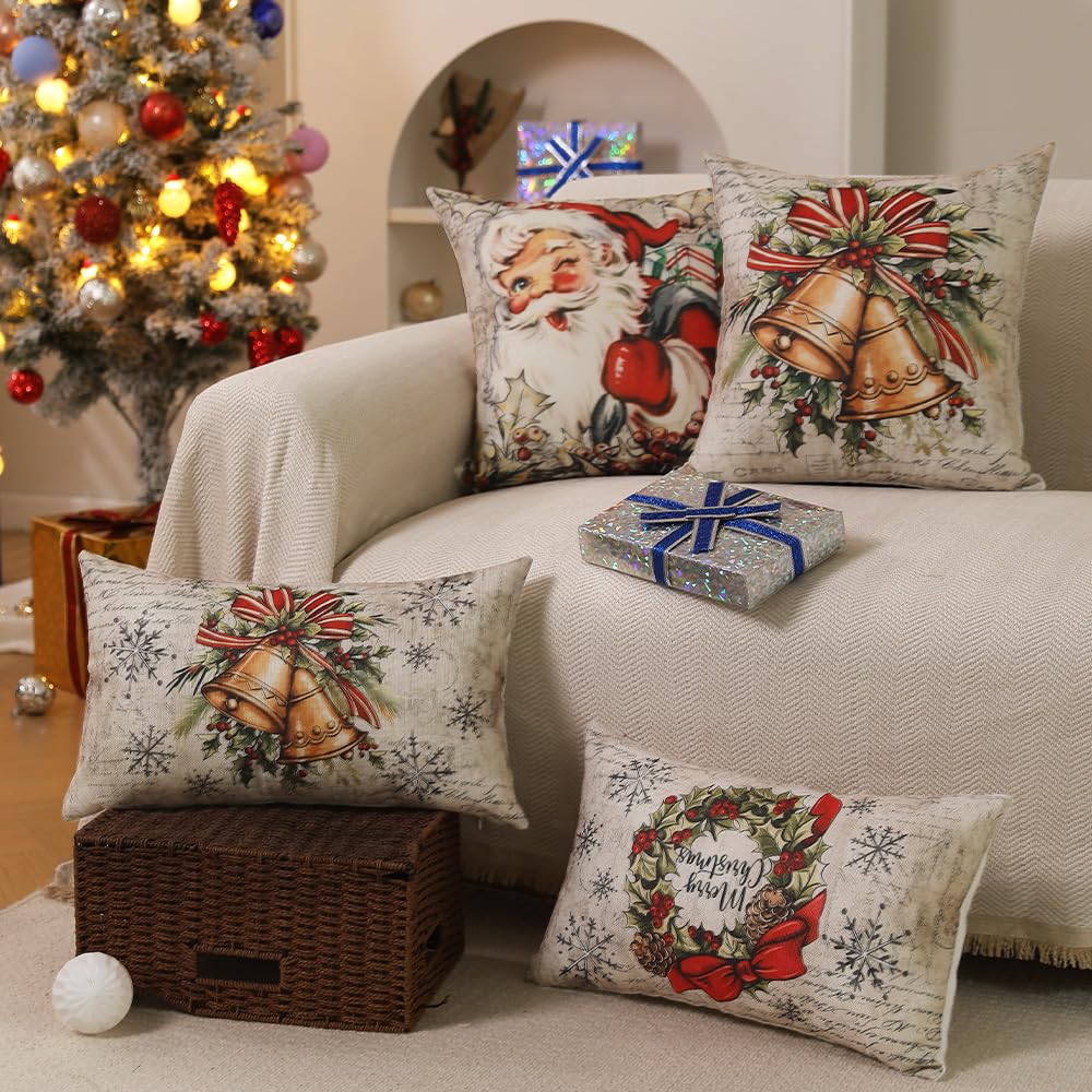 DFXSZ Christmas Pillow Covers 12x20 inch Set of 4 Santa Claus Reindeer Decorative Vintage Throw Pillow Covers Winter Retro Farmhouse Decoration for Home Couch BTHZ-140B12
