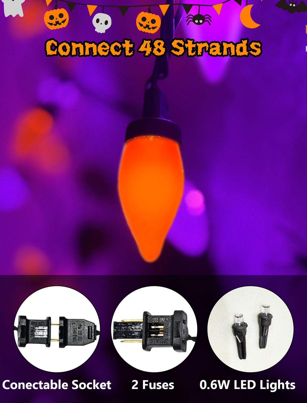 Xingzd 26FT Halloween String Lights Outdoor, 50 C7 LED Orange String Lights, Plug-in Halloween Patio Decorative Lights for Indoor Christmas Backary Porch House Holiday Party Decor