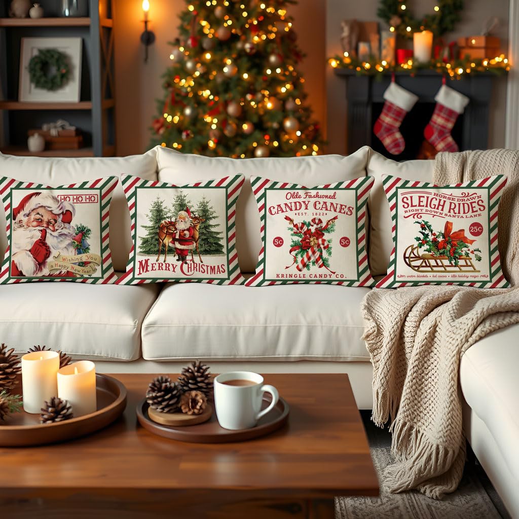PANDICORN Christmas Pillow Covers 18x18 Set of 4, Vintage Christmas Decor, Holiday Red Green Striped Candy Cane Santa Sleigh Rides Reindeer Xmas Tree Cushion Cases Decoration for Home Sofa Couch