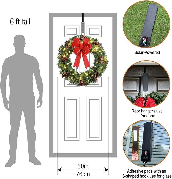 Solar Christmas Wreath 30 Inch Pre-Lit Solar 70 Led Artificial Wreath Outdoor Front Door Window Christmas Decor with Frosted Branches Pine Cones Berry Clusters Red Velvet Bows (3001)