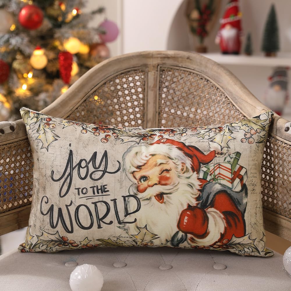 DFXSZ Christmas Pillow Covers 12x20 inch Set of 4 Santa Claus Reindeer Decorative Vintage Throw Pillow Covers Winter Retro Farmhouse Decoration for Home Couch BTHZ-140B12