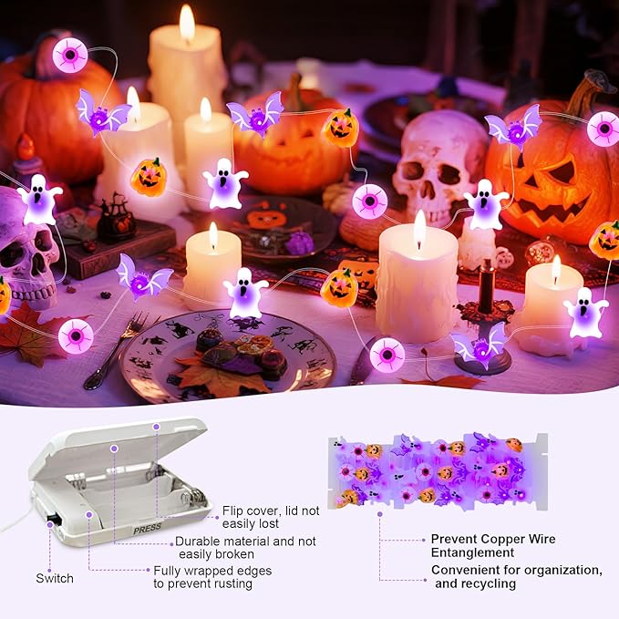 Halloween String Lights, 16 ft 50 LED Pumpkin Bat Eyes Ghost Battery Operated Lights for Lawns Garden Outdoor Holiday Party Halloween Decorations (2 Pack)