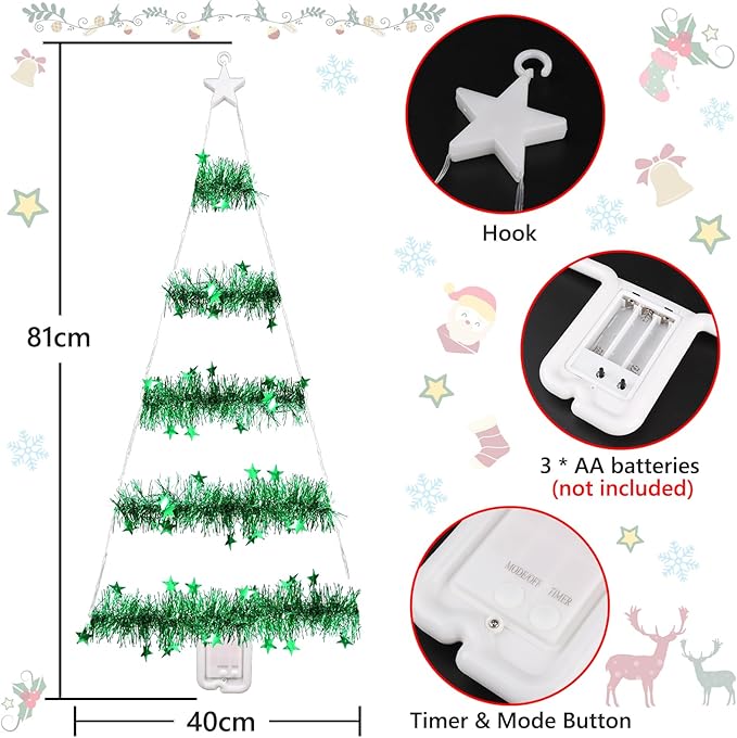 Toodour Christmas Decorations Indoor Lights, 2.65ft LED Christmas Lights, Red & Green Wall Window Hanging Light, Battery Operated Holiday Decoration for Outdoor Garden New Year Home Decor