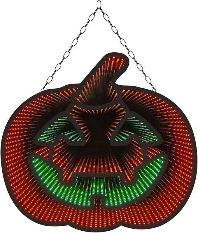 Halloween Pumpkin Night Lights, 12.2" x 16.54" 3D Infinite Mirror Pumpkin Light, LED Lighted Halloween Indoor Decoration for Kids Party Windows Doors Walls, Battery/USB & Plug-in Lights Sign