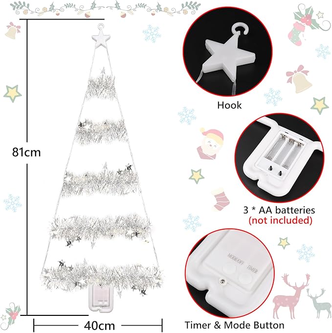 Toodour Christmas Decorations Indoor Lights, 2.65ft LED Christmas Lights, Cool White Wall Window Hanging Light, Battery Operated Holiday Decoration for Outdoor Garden New Year Home Decor