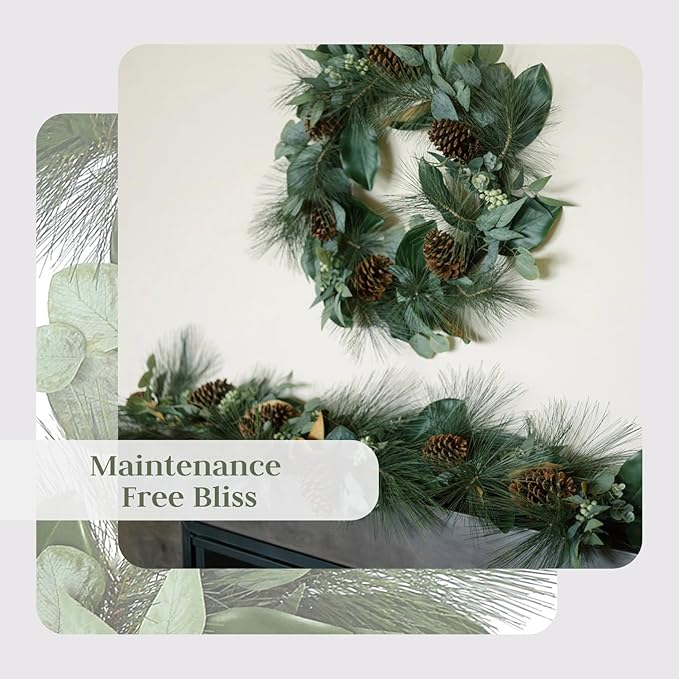 CG Hunter Holiday Collection Faux Wreath, Premium Artificial Indoor and Outdoor Large 28" Magnolia, Eucalyptus, Pinecone, Needle Pine Christmas Wreath, Christmas Decorations and Holiday Greenery