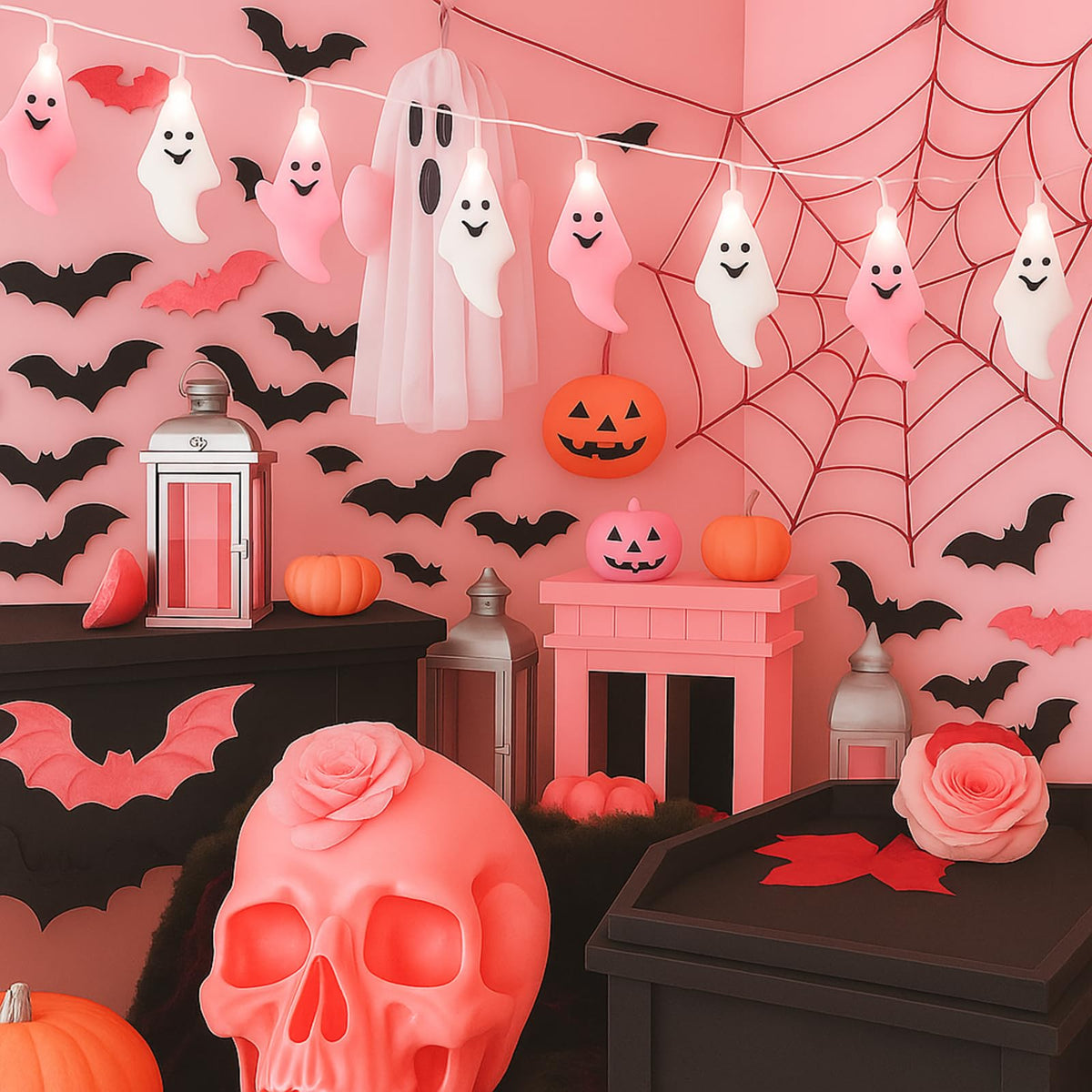 Glooglitter 2 Pcs Pink Halloween Ghost Lights 6.5 ft Pink Cute Ghost Lights String for Halloween Decorations Indoor Window Tree Yard Decoration Porch Camper Party Door Decor