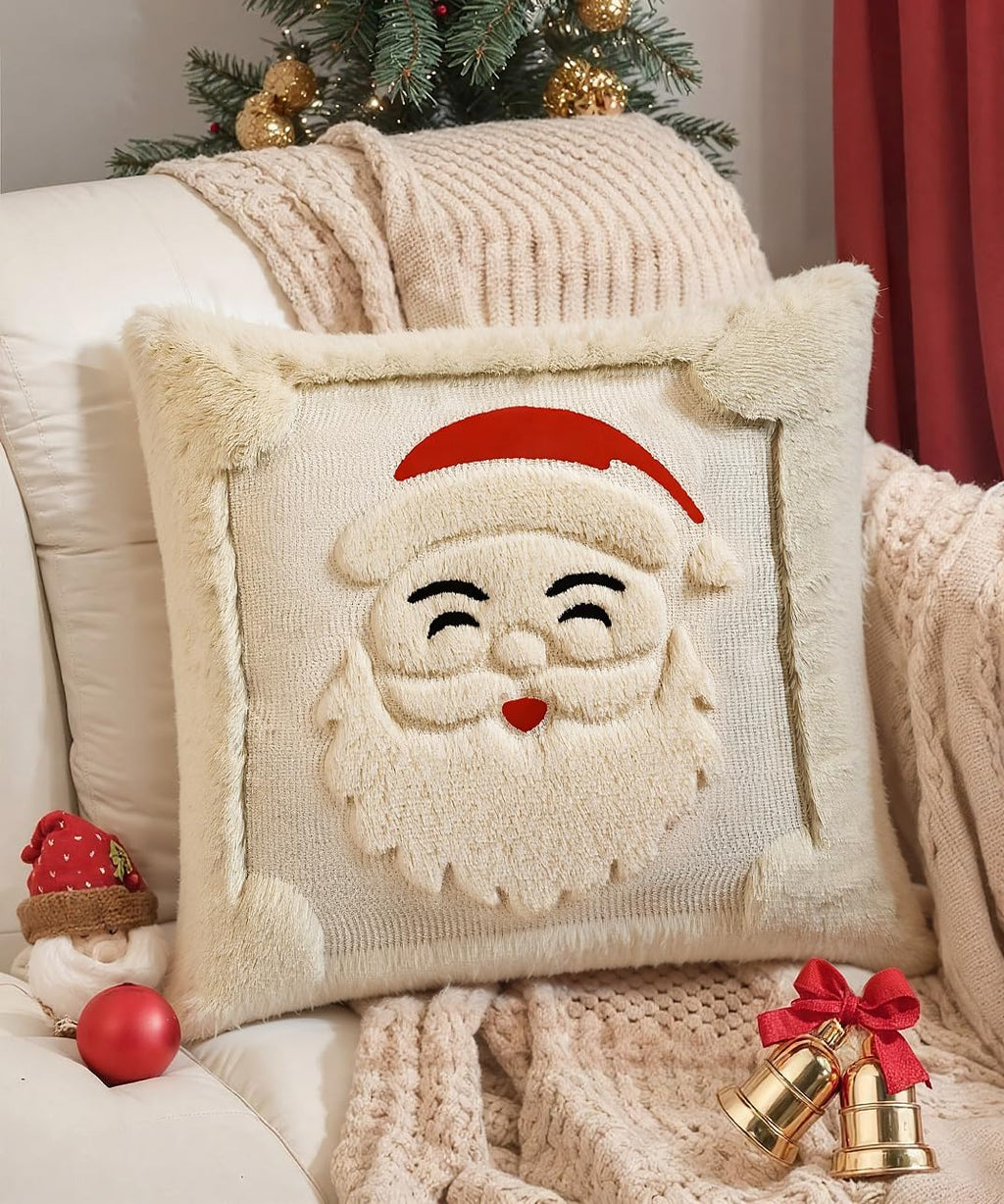 SEGXCFL Christmas Pillow Covers Set of 2 Soft Plush Faux Fur Pillow Cases 3D Embroidered Decorative Couch Cover Home Decor Christmas Throw Pillow Covers 18x18,Beige Santa Clauss