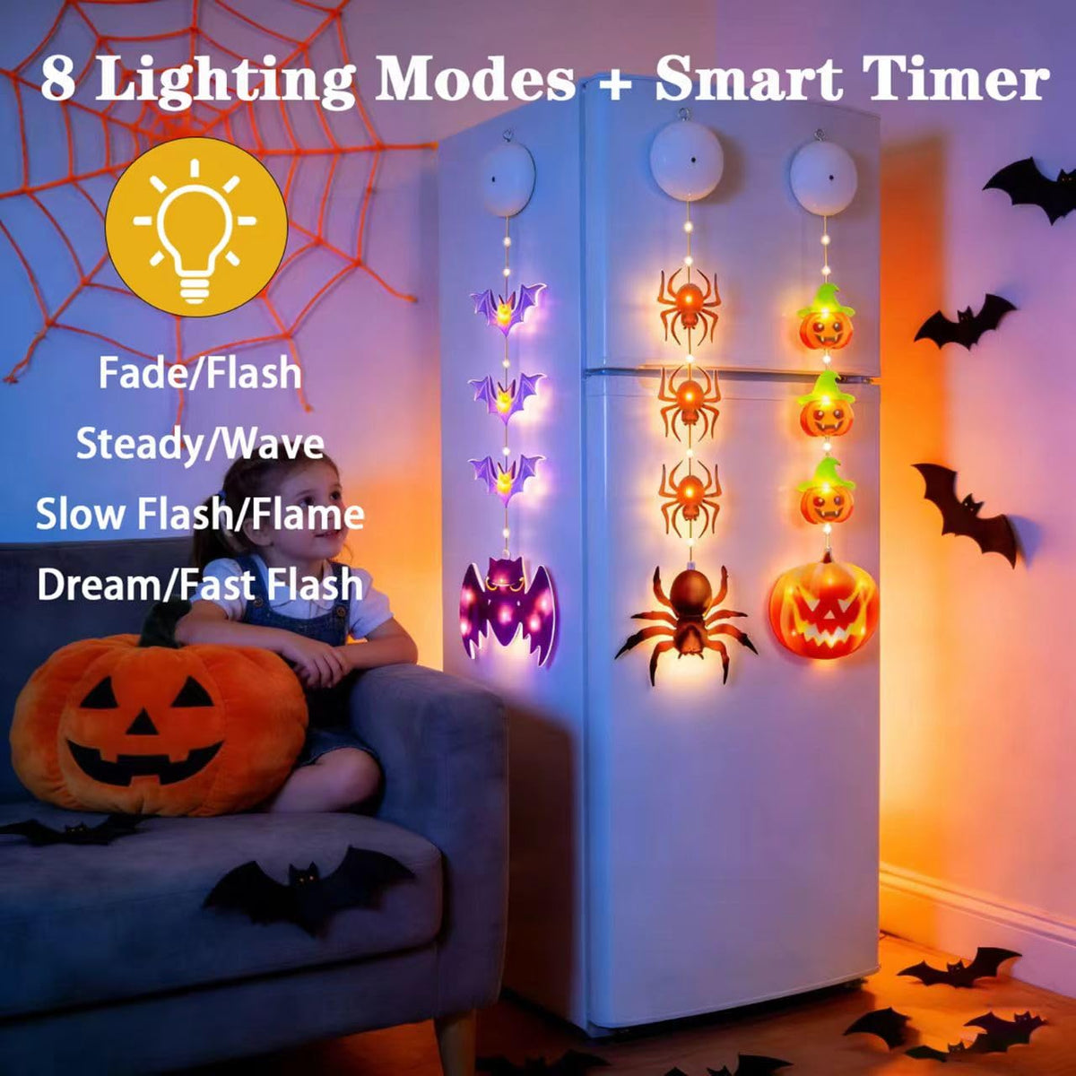 3PCS Halloween Lights, Battery-Powered Decorative Lights Featuring Pumpkin Bats Spiders with Timer, Window Lights with Suction Cups，Holiday Window Decorations for Indoor Home Party Decor (Multicolor)