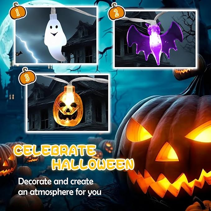 Halloween Fairy Lights,Waterproof Pumpkin Bat Ghost Battery Powered Lights, 16ft 30LEDs with Remote Control, String Light for Windows, Indoor Outdoor Decorations, Halloween Party Decorations