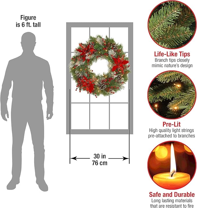 National Tree Company Pre-Lit Artificial Christmas Wreath, Green, Tartan Plaid, White Lights, Decorated with Frosted Branches, Pine Cones, Berry Clusters, Flowers, Christmas Collection, 30 Inches