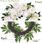 WELL KNOWN Fall & Winter White Wreaths for Front Door, Silk Aritificial Peony Wreath for Front Door Porch, Indoor Wall Window Home Decor, Farmhouse Thanks Giving Christmas Party Wediing Decor & Gift
