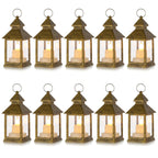 Romadedi Mini Lanterns Decorative for Centerpiece -10 PCS Hanging Small Gold Lantern Bulk with Flickering LED Candles for Wedding Table Decor Halloween Decorations Christmas, Batteries Included