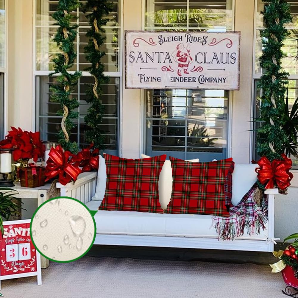 RABUSOFA Christmas Pillow Covers 18x18 Inch Set of 2 Indoor Outdoor Waterproof Scottish Tartan Plaid Classic Throw Decorative Cushion Cases for Christmas Decor Decorations for Home Couch Patio
