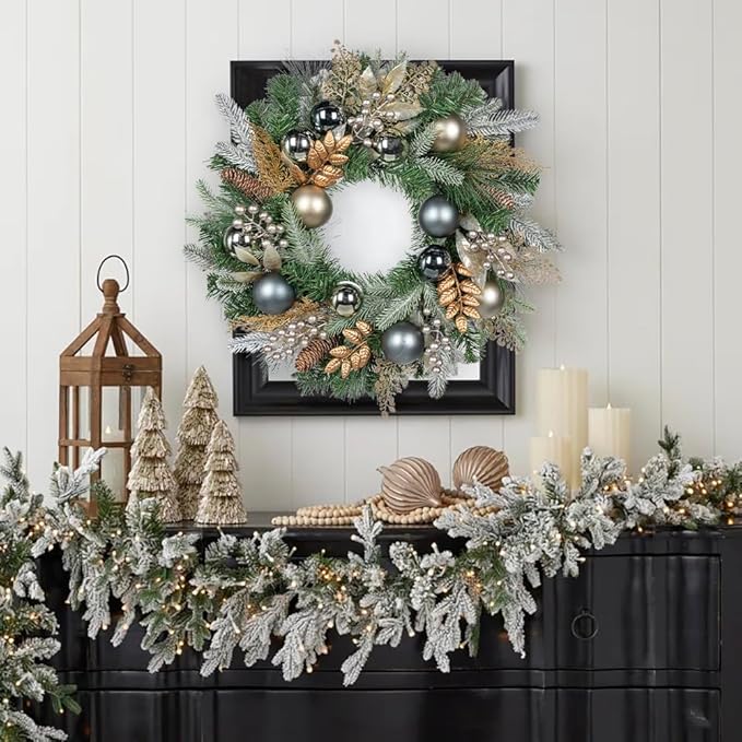 24 inch Christmas Door Wreath, Norfolk Pine Wreaths for Front Door with Silver Ball Glittered Leaf Spray Stems Pinecones Berries for Fireplace Xmas Decorations, Wall Window Indoor Outdoor Decor