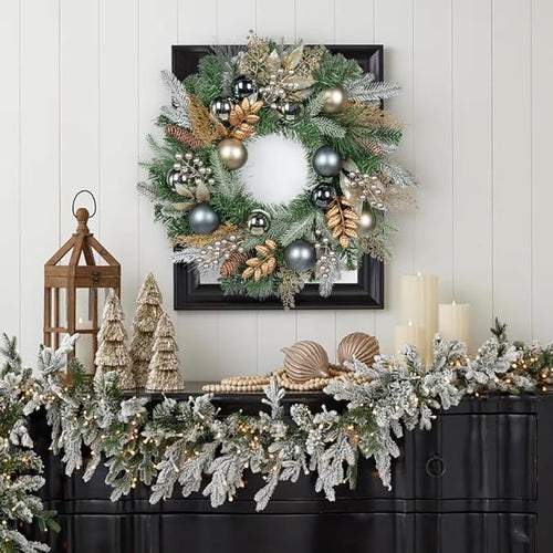 24 inch Christmas Door Wreath, Norfolk Pine Wreaths for Front Door with Silver Ball Glittered Leaf Spray Stems Pinecones Berries for Fireplace Xmas Decorations, Wall Window Indoor Outdoor Decor