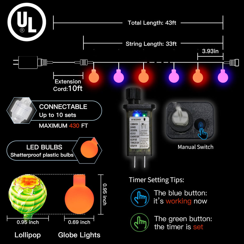 suddus Halloween Lights Indoor with Remote, 33ft 100 Led Purple and Orange Globe String Lights, Fairy Lights Plug in with 8 Lighting Modes for Bedroom, Home, Office, Halloween Decorations