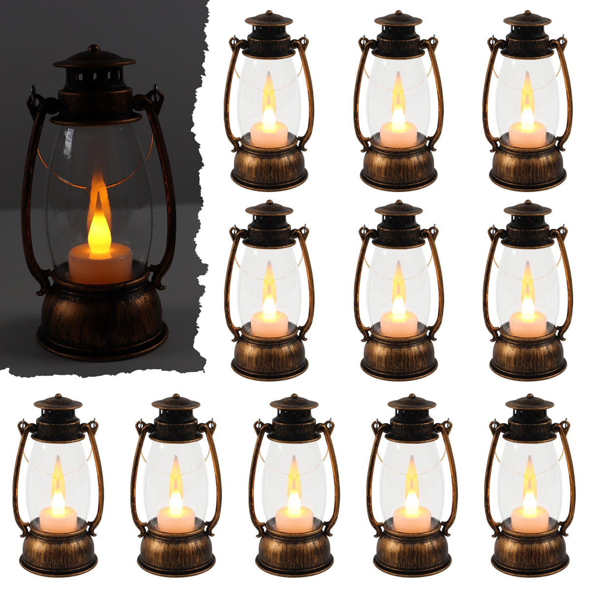 Reperla 12Pcs Mini Lantern Decorative with Flickering LED Candle, 6Inch Small Western Lantern for Table Centerpiece, Vintage Hanging Candle Holders for Western Halloween Camping Party Decor (Brown)